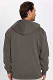 Unisex Relax Fit Rahat Kesim Pamuklu İçi Polarlı Çift Cepli Fermuarlı Gri Kapüşonlu Sweatshirt