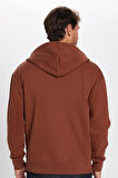 Unisex Relax Fit Rahat Kesim Pamuklu İçi Polarlı Çift Cepli Fermuarlı Kahverengi Kapüşonlu Sweatshirt