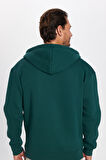 Unisex Relax Fit Rahat Kesim Pamuklu İçi Polarlı Çift Cepli Fermuarlı Yeşil Kapüşonlu Sweatshirt