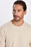 Unisex Relax Fit Rahat Kesim %100 Pamuk Uzun Kollu Bisiklet Yaka Bej Basic Tişört