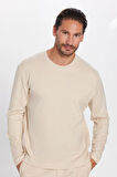 Unisex Relax Fit Rahat Kesim %100 Pamuk Uzun Kollu Bisiklet Yaka Bej Basic Tişört