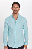 Erkek Slim Fit Dar Kesim Uzun Kollu %100 Pamuk Keten Doku Hakim Yaka Mint Gömlek