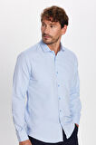 Modern Slim Fit Uzun Kollu Pamuklu Kolay Ütü Armürlü Mavi Erkek Gömlek