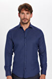 Erkek Slim Fit Dar Kesim Uzun Kollu Pamuklu Kolay Ütü Armürlü Lacivert Gömlek