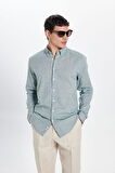 Erkek Slim Fit Dar Kesim Keten Efekt Premium Seri Düğmeli Yaka Düz Mint Gömlek