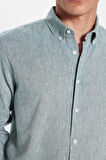 Erkek Slim Fit Dar Kesim Keten Efekt Premium Seri Düğmeli Yaka Düz Mint Gömlek