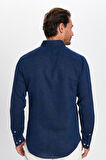 Erkek Slim Fit Dar Kesim Uzun Kollu Keten Premium Seri Düğmeli Yaka Spor İndigo Gömlek