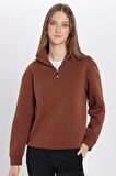 Unisex Relax Fit Rahat Kesim Pamuklu İçi Polarlı Yarım Fermuarlı Kahverengi Dik Yaka Sweatshirt