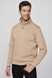 Unisex Relax Fit Rahat Kesim Pamuklu İçi Polarlı Yarım Fermuarlı Taş Renk Dik Yaka Sweatshirt