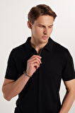 Erkek Slim Fit Dar Kesim Pamuklu Örme Triko Fermuarlı Siyah Polo Yaka Tişört