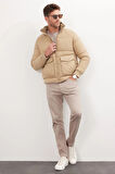 Erkek Regular Fit Klasik Kesim Çift Cepli Lastikli Dik Yaka Kum Rengi Mont