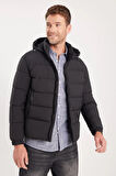 Erkek Relax Fit Rahat Kesim Çift Cepli Çıkarılabilir Kapüşonlu Siyah Şişme Mont