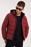 Erkek Relax Fit Rahat Kesim Çift Cepli Çıkarılabilir Kapüşonlu Bordo Şişme Mont