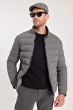 Erkek Regular Fit Klasik Kesim Dik Yaka Çift Cepli Sıcak Tutan Gri Şişme Mont