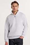 Unisex Relax Fit Rahat Kesim Pamuklu İçi Polarlı Yarım Fermuarlı Gri Dik Yaka Sweatshirt