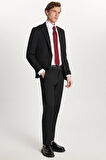 Erkek Regular Fit Siyah Esnek Likralı Kumaş Mono Yaka Kapaklı Cepli Takım Elbise