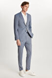 Erkek Regular Fit Mavi Esnek Likralı Kumaş Mono Yaka Torba Cepli Takım Elbise