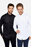 2'li Paket Siyah-Beyaz Slim Fit Kolay Ütü Teri Emen Nefes Alan Doku Dört Mevsim Erkek Gömlek