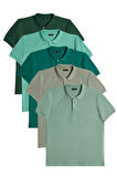 Erkek 5'li Paket Yeşil Tonları Slim Fit Dar Kesim Pamuklu Düz Pike Polo Yaka Tişört
