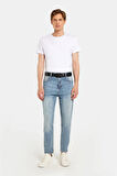 Erkek Straight Fit Bol Kesim Denim Yıkamalı Efektli Esnek Açık Mavi Jean Kot Pantolon