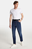 Erkek Straight Fit Bol Kesim Denim Yıkamalı Efektli Esnek Lacivert Jean Kot Pantolon
