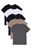 Unisex 5'li Paket Siyah-Beyaz-Lacivert-Vizon-Gri Slim Fit Dar Kesim %100 Pamuk Bisiklet Yaka Tişört