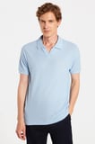 Erkek Slim Fit Dar Kesim Viskon Kumaş Desenli Düz Pike Düğmesiz Açık Mavi Polo Yaka Tişört