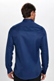 Slim Fit Uzun Kollu Kolay Ütü Teri Emen Nefes Alan Doku Kravatlık Dört Mevsim Lacivert Erkek Gömlek