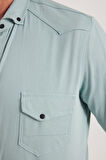 Erkek Regular Fit Rahat Kesim Çift Cepli Spor Yaka Denim Mint Gömlek