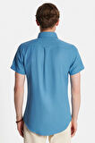 Erkek Slim Fit Dar Kesim Kısa Kollu Spor Yaka Oxford Doku Pamuklu İndigo Gömlek