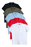 Erkek 5'li Paket Siyah-Haki-Koyu Mavi-Kırmızı-Beyaz Slim Fit Pamuklu Düz Pike Polo Yaka Tişört