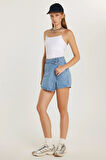Kadın Slim Fit Dar Kesim Çift Cepli Açık Mavi Şort Etek