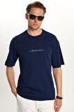 Erkek Slim Fit Dar Kesim Pamuklu Baskılı Lacivert Bisiklet Yaka Tişört
