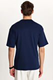 Erkek Slim Fit Dar Kesim Pamuklu Baskılı Lacivert Bisiklet Yaka Tişört