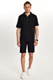 Erkek Standart Fit Pamuklu Fermuarlı Polo Yaka Tişört Beli Bağcıklı Siyah Şort Takım