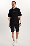 Erkek Standart Fit Pamuklu Jakarlı Baskılı Bisiklet Yaka Beli Bağcıklı Siyah Şort Takım