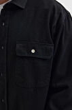 Erkek Relax Fit Rahat Kesim Spor Yaka Çift Cep Kapaklı Denim Siyah Gömlek