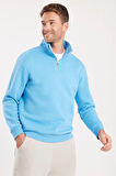 Unisex Relax Fit Rahat Kesim Pamuklu İçi Polarlı Yarım Fermuarlı Mavi Dik Yaka Sweatshirt