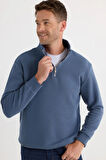 Unisex Relax Fit Rahat Kesim Pamuklu İçi Polarlı Yarım Fermuarlı Mavi Dik Yaka Sweatshirt