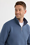 Unisex Relax Fit Rahat Kesim Pamuklu İçi Polarlı Yarım Fermuarlı Mavi Dik Yaka Sweatshirt