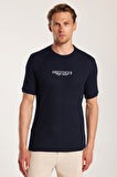 Erkek Standart Fit Pamuklu Düz Basic Bisiklet Yaka Baskılı Lacivert Tişört