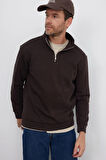 Unisex Relax Fit Rahat Kesim Pamuklu İçi Polarlı Yarım Fermuarlı Kahverengi Dik Yaka Sweatshirt