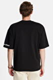 Erkek Oversize Geniş Kesim Pamuklu Baskılı Bisiklet Yaka Siyah Tişört