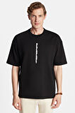 Erkek Oversize Geniş Kesim Pamuklu Baskılı Bisiklet Yaka Siyah Tişört