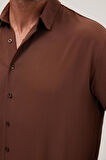 Oversize Mevsimlik Keten Dokulu Bol Kalıp Uzun Kollu Rahat Kullanım Erkek Kahverengi Gömlek