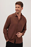 Oversize Mevsimlik Keten Dokulu Bol Kalıp Uzun Kollu Rahat Kullanım Erkek Kahverengi Gömlek