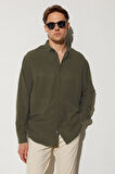 Oversize Mevsimlik Keten Dokulu Bol Kalıp Uzun Kollu Rahat Kullanım Erkek Haki Gömlek