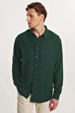 Oversize Mevsimlik Keten Dokulu Bol Kalıp Uzun Kollu Rahat Kullanım Erkek Yeşil Gömlek