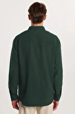 Oversize Mevsimlik Keten Dokulu Bol Kalıp Uzun Kollu Rahat Kullanım Erkek Yeşil Gömlek
