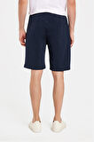 Erkek Regular Rahat Kesim Beli Lastikli Bağlamalı Yandan Cepli Lacivert Bermuda Şort
